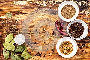 Set of different spices and herbs - allspice, cumin, hot pepper, bay leaf, coriander, cardamom, star anise, cinnamon sticks, salt