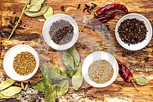 Set of different spices and herbs - black pepper, allspice, cumin, hot pepper, bay leaf, coriander, cardamom, star anise, cinnamon