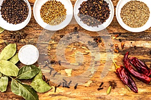 Set of different spices and herbs - black pepper, allspice, cumin, hot pepper, bay leaf, coriander, salt. On wooden bark