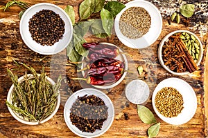Set of different spices and herbs - black pepper, allspice, rosemary, cumin, hot pepper, bay leaf, coriander, cardamom, star anise