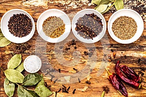 Set of different spices and herbs - black pepper, allspice, rosemary, cumin, hot pepper, bay leaf, coriander, salt. On wooden bark