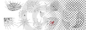 Set of different spiderwebs isolated on transparent background, easy to print. Halloween set with web. Vector Illustration