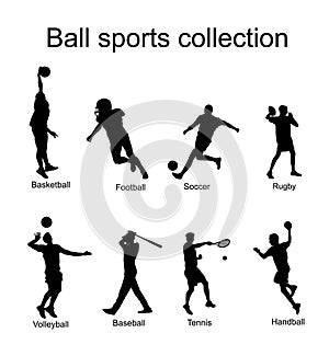 Set of different sport discipline players with ball vector silhouette