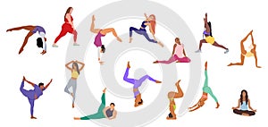 Set of different sportive young women doing yoga.