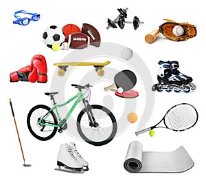 Set with different sports equipment on white background. Active lifestyle