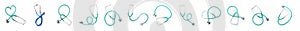 Set of different stethoscopes on white background. Medical device