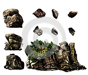 Set of different stones boulders and rocks with trees and vegetation