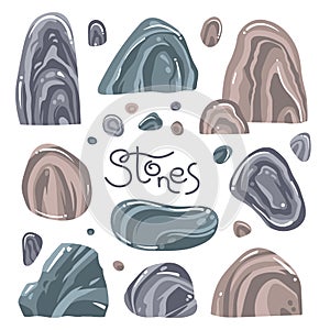 A set of different stones in the cartoon style. Isolated over white background rocks. Vector illustration