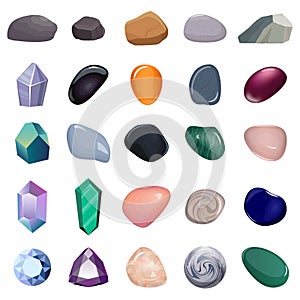 Set of different stones and crystals. Various types of minerals, crystals, gems, diamonds, isolated. Vector illustration. photo