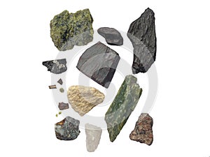 A set of different stones on a white background