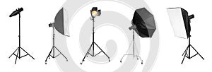 Set with different studio lightings on background, banner design