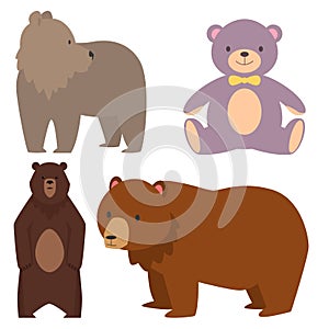 Different style bears funny happy animals cartoon predator cute character vector illustration