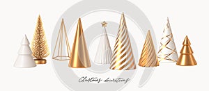 Set of different style Christmas tree cone. White and golden 3d render realistic abstract Christmas trees. Christmas decorations.