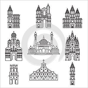 Set of different style religon and architecture churches
