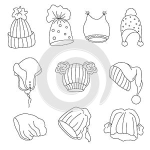 A set of different styles of hats. Vector outline illustration.