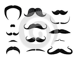 Set of different styles of mustache isolated on white background.