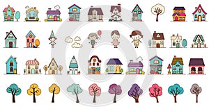 Set of different styles residential and city houses. City architecture retro and modern buildings. House front cartoon