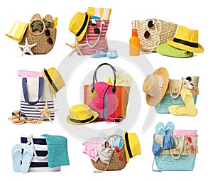 Set with different stylish bags and beach accessories on white