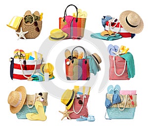 Set with different stylish bags and beach accessories on white background