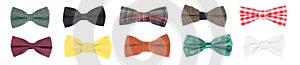 Set with different stylish bow ties on white background. Banner design