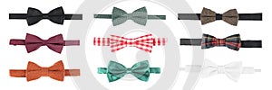 Set with different stylish bow ties on white background. Banner design