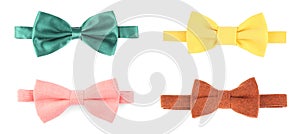 Set with different stylish bow ties on white background. Banner design