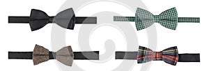 Set with different stylish bow ties on white background. Banner design