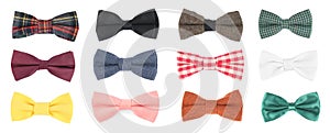 Set with different stylish bow ties on white background. Banner design
