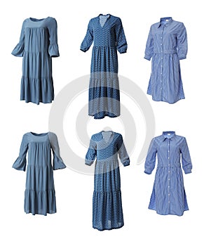 Set of different stylish dresses on background