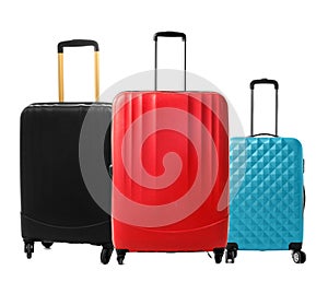 Set of different stylish suitcases for travelling on background