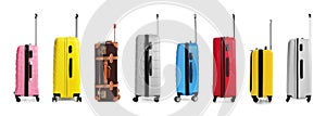 Set of different suitcases on background. Banner design