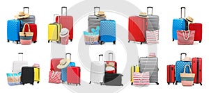Set of different suitcases with beach accessories on background. Banner design