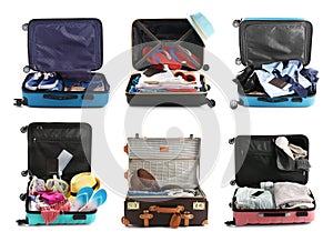 Set of different suitcases packed for travelling