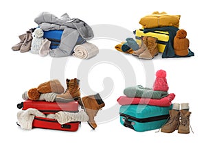 Set of different suitcases packed for travelling on background