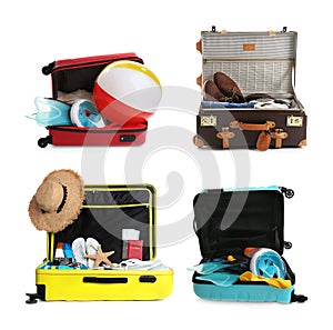 Set of different suitcases packed for travelling on background