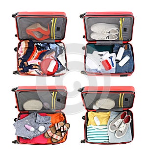 Set of different suitcases packed for travelling on background, above view
