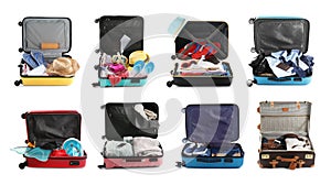 Set of different suitcases packed for travelling on background. Banner design