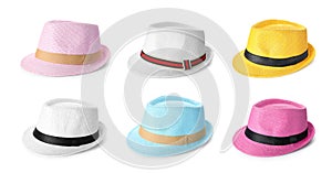 Set of different summer hats on white background.