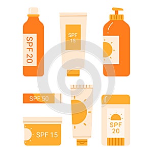 Set of different sunscreen cosmetic: lotion, cream, spray. lipstick. Sunblock products. Skin care, hydration and sun protection