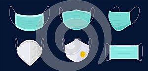 Set of different surgical and respirator masks