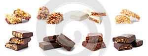 Set of different sweet protein bars on white