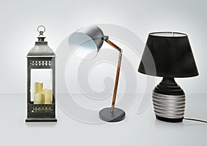 Set of different table lamps . Decorative Desk lamps isolated on white background