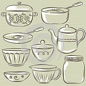 Set of different tableware, vector