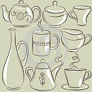 Set of different tableware, vector