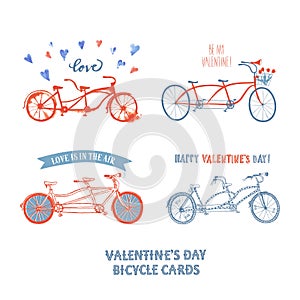 Set of different tandem bicycle postcards