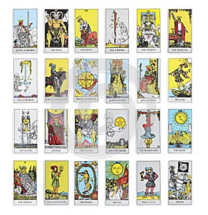 Set with different tarot cards on white background