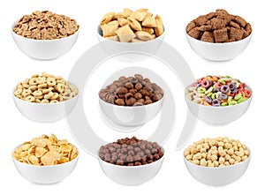 Set with different tasty breakfast cereals on white background