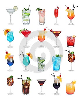 Set of different tasty cocktails on white background