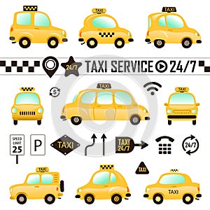 Set of Different Taxi Cars and Taxi Signs