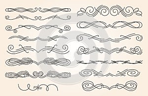 Set of different thin hand drawn text dividers for your design. Ink borders. Vector decorative flourishes elements on